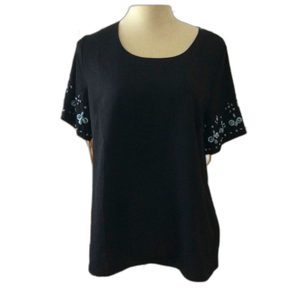 Skies Are Blue Blouse Women’s Size Medium Black Short Sleeve Beading on Sleeves